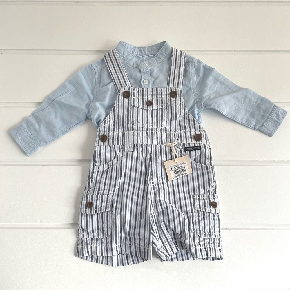 Baby Sfera Fantasy Design Striped Overalls & Button Down Shirt Size 3-6 mo NEW